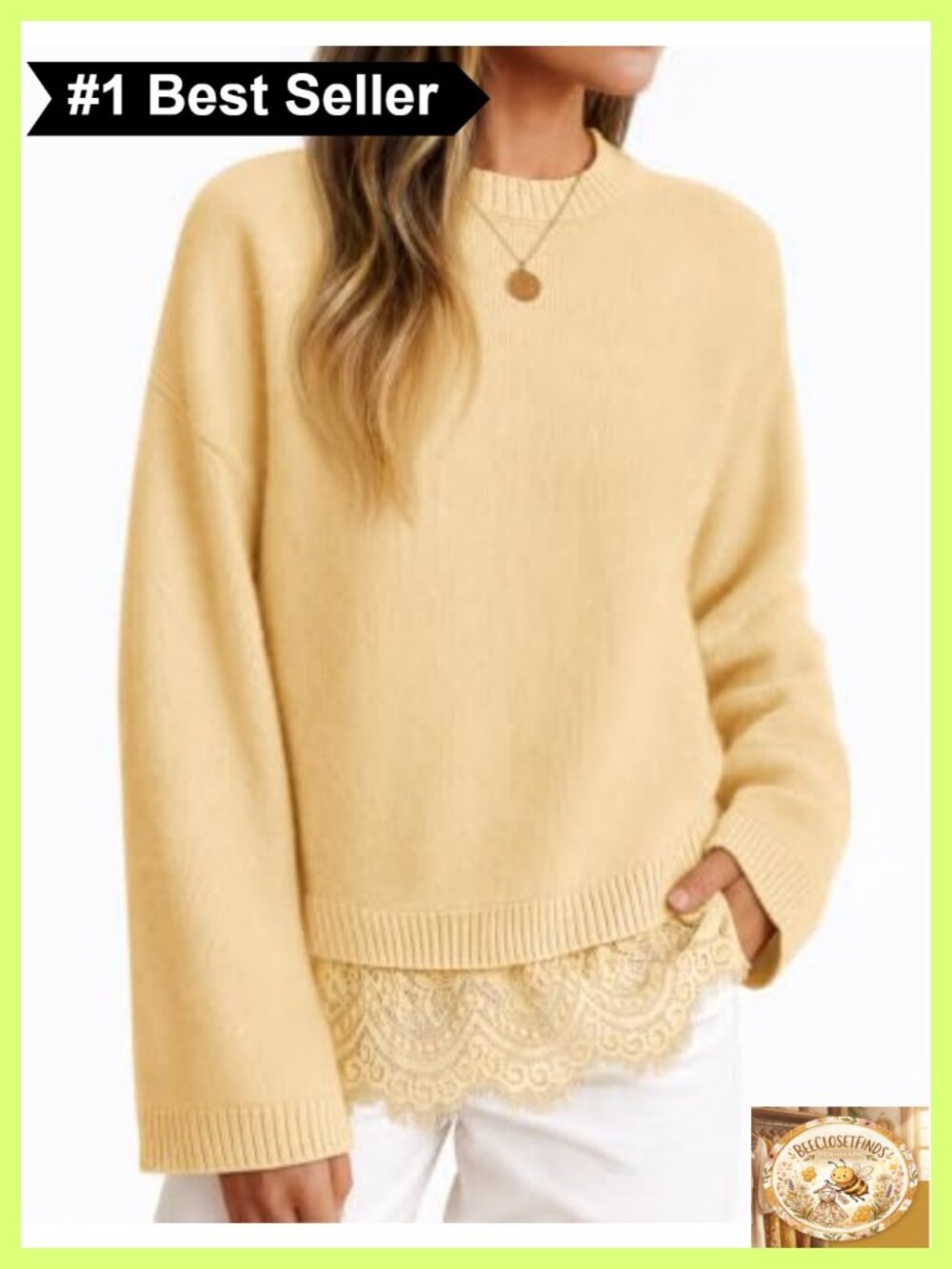 Lace Trim Pullover Sweater Crew Neck Drop Shoulder Long Sleeve Knit